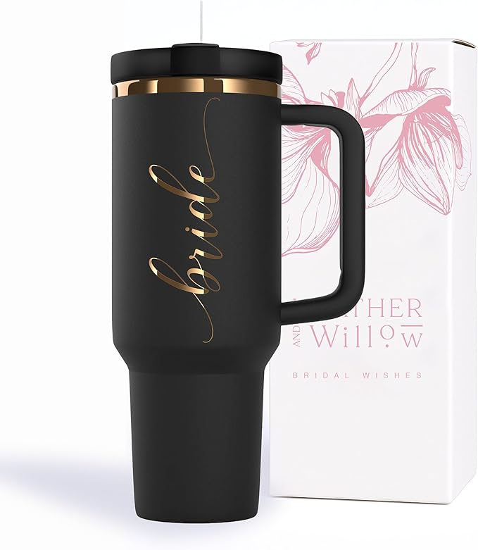 Heather & Willow Bride to Be Coffee Tumbler with Lids and Straws | 40 oz Mason Jar Cups & Iced Coffee Cup | Wedding Bridesmaid Proposal Gifts, Bridal Shower, Bachelorette Party Supplies & Bride Tribe