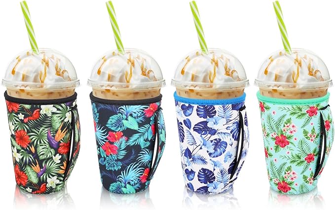 4Pack Reusable Iced Coffee Sleeve Insulator Sleeves for Cold Drinks Beverages, Neoprene Cup Holder for Most Coffee, Fits 22-24oz Medium Cups (Tropical Flower)