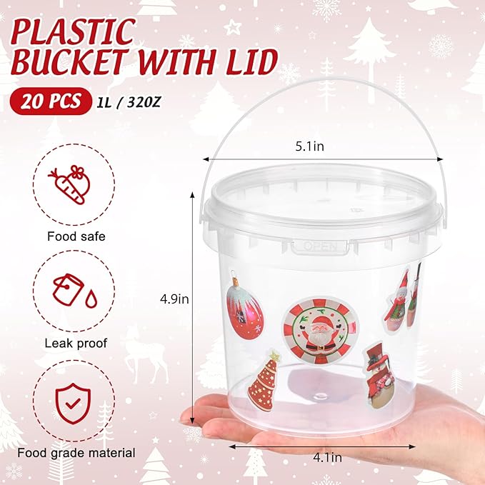 PerKoop 20 Pcs 32 oz Ice Cream Buckets with Lids and Handles Clear Cocktail Rum Buckets with Stickers Plastic Transparent Tub Reusable Food Storage Containers for Parties(Xmas)