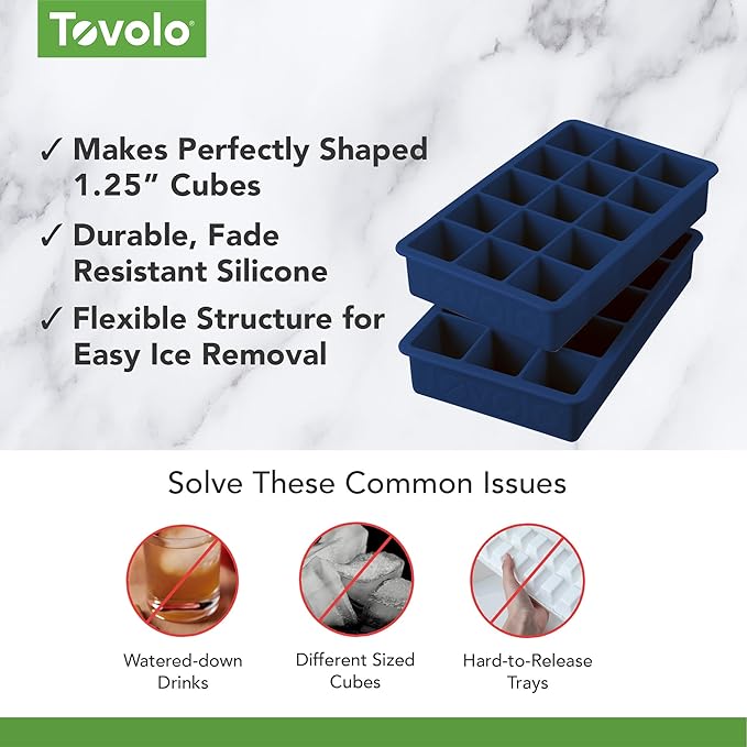 Tovolo Silicone Ice Cube Tray Deep Indigo Pack of 2 BPA Free Ice Tray Mold for Coffee Drinks Cocktails, Dishwasher Safe Easy Release Perfect 1 Inch Cube Ice Tray for Whiskey Bourbon Spirits