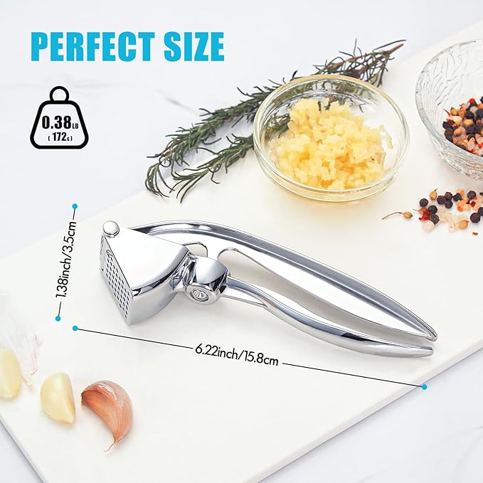 Garlic Press, Premium Kitchen Metal Garlic Crusher Masher Tool, Rust Proof & Dishwasher Safe, Heavy Duty Professional Garlic Mincer with Ergonomic Handle, Easy to Squeeze and Clean -Silver