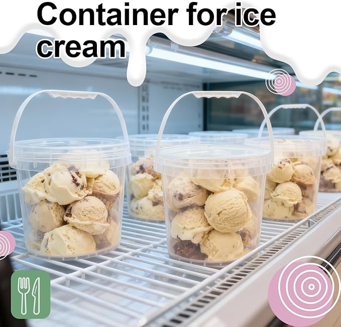 4 Pack 1 Gallon Food Grade Plastic Buckets with Screw Lids & Handle, Reusable Storage Containers for Snacks, Salad, Sauce - Clear Freezer Safe Bucket Set