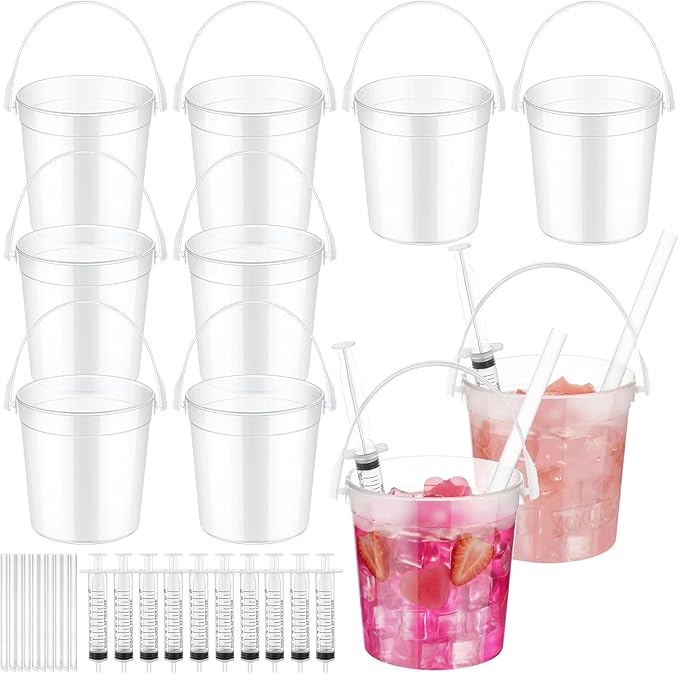 Willinglong 10 Set 32oz Clear Plastic Drink Buckets Rum Buckets for Drink with Straws, Lids and Beverage Syringes Reusable Iced Coffee Cups for Rum Wine Beer Cocktail Beverage Lemonades