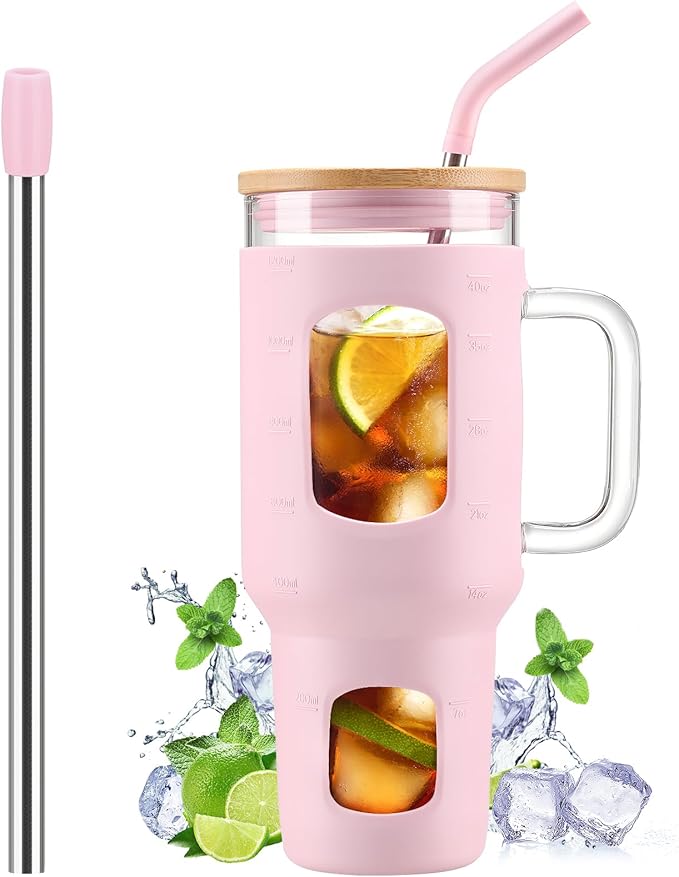 WINSA Glass Tumbler with Straw and Lid, 40 oz glass cup with handle, Glass Water Bottles with Time Marker, Silicone Protective Sleeve-Pink