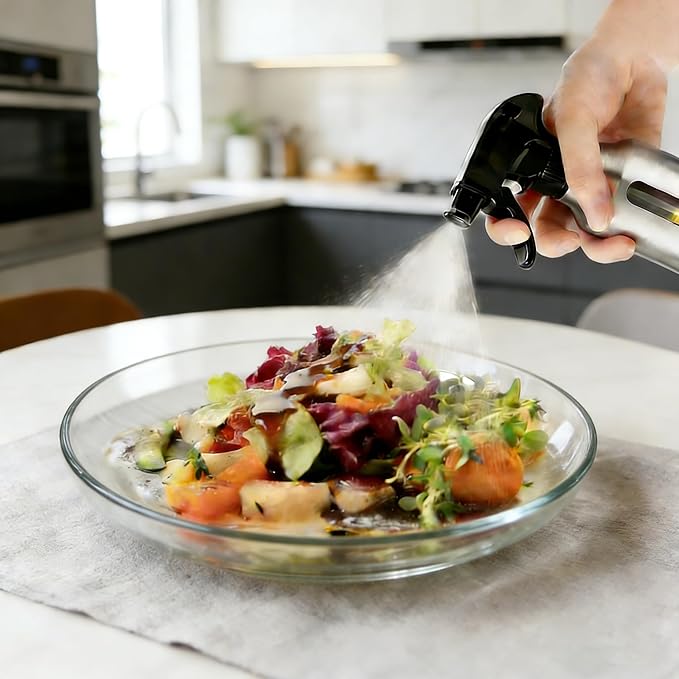 Oil Sprayer for Cooking 180ml, Olive Oil Mister with Fine Mist Trigger, Stainless Steel Refillable Glass Dispenser Bottle 6.35oz for Air Fryer BBQ Salad & Baking (Black+Stainless Steel)