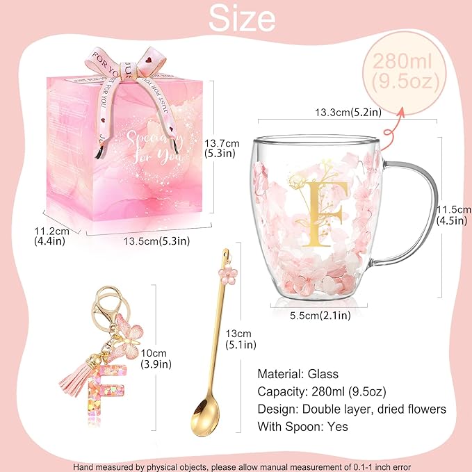 Personalized Gifts for Women Flower Glass Coffee Mug Initial Tea Cup Monogrammed Customized Bridesmaid Bride Wedding Gifts Graduation Gifts Valentine Mother's Day Birthday Christmas Gift (F)