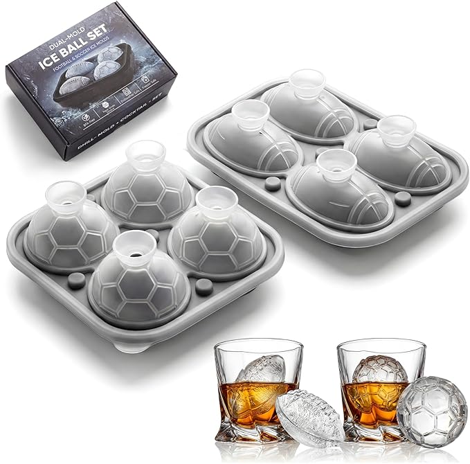 2-Pack Silicone Ice Ball Molds – 1 Football + 1 Soccer, 2.2" Large Whiskey Ice Spheres, Easy-Release & Dishwasher-Safe, BPA-Free Ice Trays for Cocktails, Bourbon, Parties & Gifts