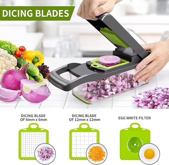 16-in-1 Multifunctional Vegetable Chopper with Container and Lid - Onion Dicer, Food Processor, Salad Chopper - BPA-Free, Essential Kitchen Gadget.