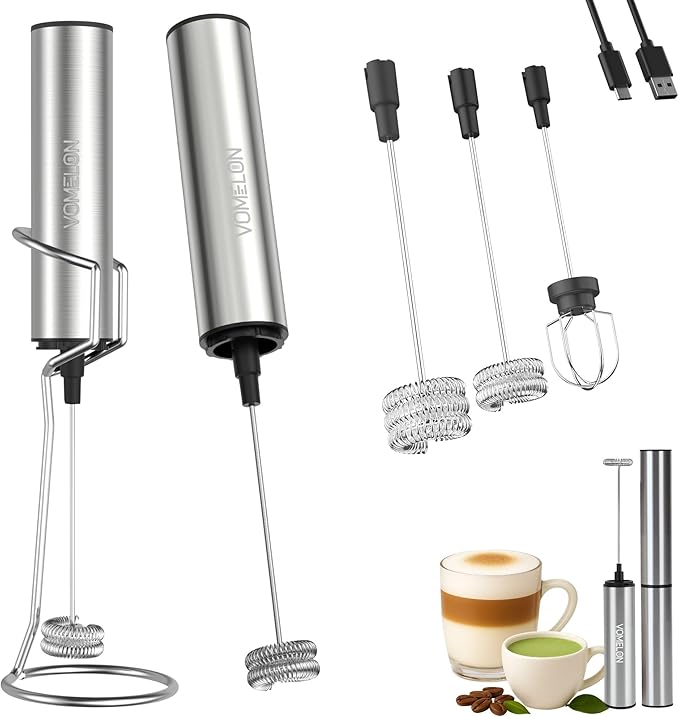 Rechargeable Milk Frother with Stand, Electric Whisks Foam Maker, POWERFUL USB C 2 Speed Handheld Drink Mixer for Coffee, Latte, Cappuccino, Matcha Drinks,Silver