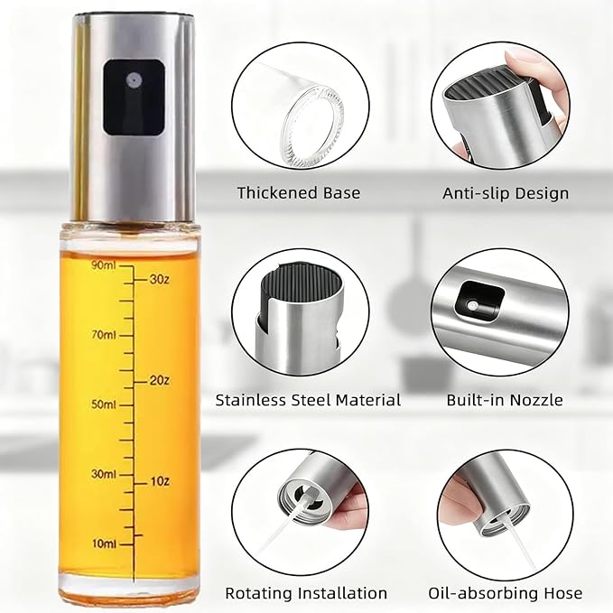 Olive Oil Sprayer, 3.5oz/100ml Oil Sprayer for Cooking, Oil Sprayer for Air Fryer, Stainless Steel Pump for Mist Spray, Food Grade Glass Metarial Mister for Kitchen Gadgets, Salad, BBQ