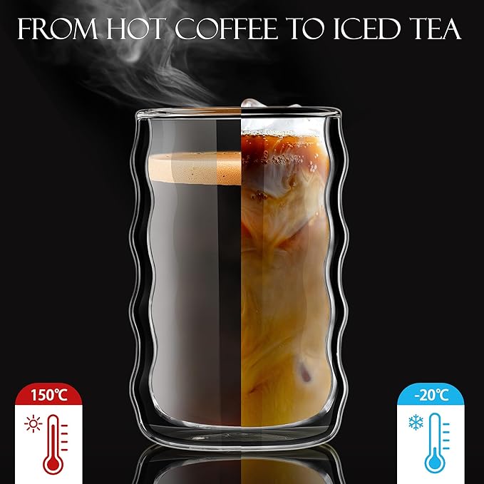 Joeyan 14.5oz Double Wall Glass Tumbler, Wave Shape Insulated Thermal Glass Cups for Hot Cold Drinks, Clear Tall Drinking Highball Glasses for Iced Coffee, Latte, Matcha, Tea, Smoothie, Set of 2