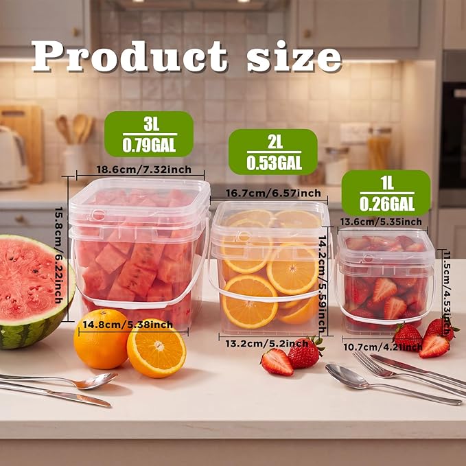ASEVAT 6 Pack Square Plastic Buckets with Lids & Handles, 1L/2L/3L White & Clear Food-Grade Storage Pails, Stackable Airtight Containers for Food, Pantry & Cleaning Supplies