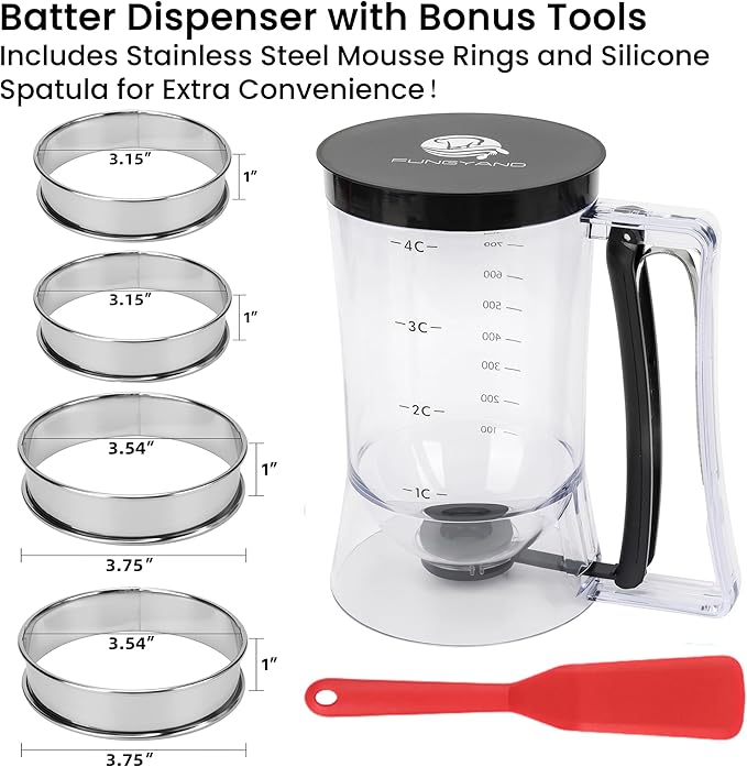 FUNGYAND Pancake Batter Dispenser, 4-Cup Set with Muffin Rings & Spatula - Ideal for Pancakes, Cupcakes, Waffles, and Muffins, Easy Squeeze Handle