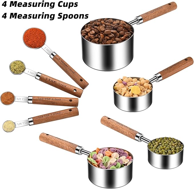 Stainless Steel Measuring Cups and Spoons Set of 8, Stackable Wooden Handle Metal Measuring Cup & Spoon Set with Metric & US Measurements, Rustic Farmhouse Kitchen Gadgets for Dry & Liquid Ingredients