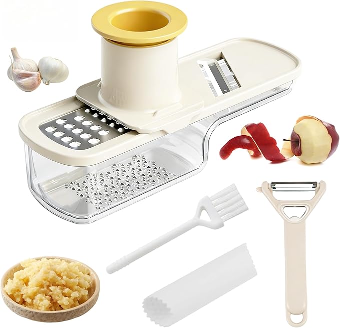 3 in 1 Garlic Slicer Set with Ginger Grater, Vegetable Peeler, Garlic Peeler & Brush, Soft Ergonomic Handle Kitchen Tool, Vegetable Chopper with Container, Ideal Kitchen Helper