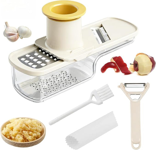 3 in 1 Garlic Slicer Set with Ginger Grater, Vegetable Peeler, Garlic Peeler & Brush, Soft Ergonomic Handle Kitchen Tool, Vegetable Chopper with Container, Ideal Kitchen Helper