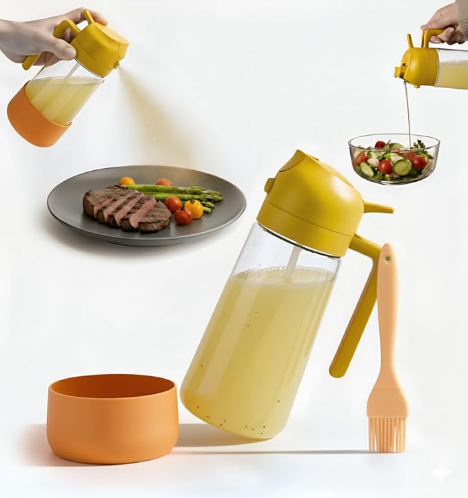 Oil Dipenser Bottle with Silicone Bottom And Silicone Brush, 2 in 1 Olive Oil Sprayer and Dispenser, Oil Spray Bottle 470ML/ 17OZ for Cooking, Kitchen, BBQ, Air Fryer, Salad, Baking