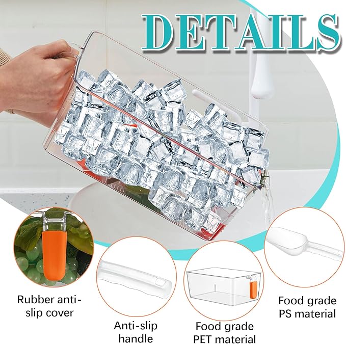 Havawish Ice Storage Bin and Flexible Scoop Set Plastic Freezer Bin with Pull out Handle Storage Bucket Clear for Container with Scoop(Orange,10.83 x 7 x 4.33 in,Classic)