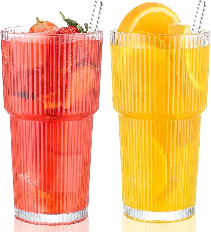 CWHHRN 20 oz Glass Cups and Straw 2 Set, Glass Tumbler with Straw, Vintage Glassware for Whiskey Cocktail Beer, Iced Coffee Cups (2 PACK)