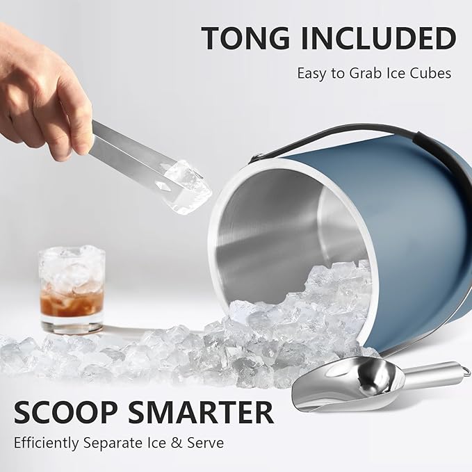 Bakpoco 3L Ice Bucket with Silicone Lid, Scoop, Tongs & Strainer, Stainless Steel Double Wall Insulated Ice Buckets for Parties & Cocktail Bar, Outdoor Champagne Ice Container Bin, Navy