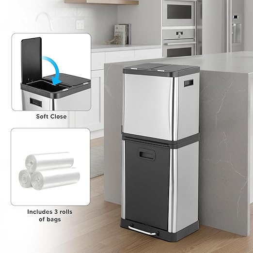 HOLDN’ STORAGE 36L Triple-Compartment Trash & Recycling Bin for Kitchen, Multi-Access Opening, Odor Control, Stainless Steel, 3 Trash Bag Rolls Included