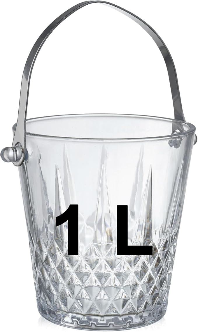 Glass Ice Bucket with Handle and Stainless Steel Tongs - Glass Ice Buckets for Party,Wine, Beer, Champagne, Cocktail Bar, Mini & Portable, 1000ml