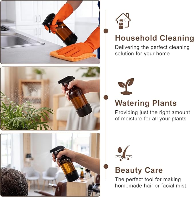 Ninsula Glass Spray Bottle with Silicone Sleeve Protection, 16 oz Amber Glass Spray Bottles, Refillable Spray Bottle Glass for Cleaning, Watering Plants, Skin Care, Plant Care, Hair Care