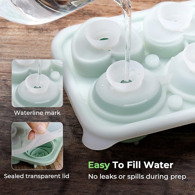 3 Rose & 3 Heart Shaped Ice Cube Tray, MEETRUE Silicone Ice Cube Tray with Clear Funnel-type Lid Novelty Rose Ice Cube Mold Ice Ball Maker Mold Ice Tray for Cocktails Whiskey Chilled Drinks,Green