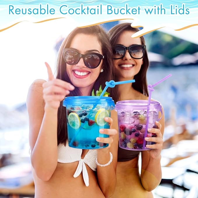 Funnymoom 48 Pack 34 oz Plastic Rum Buckets Bulks for Drinks with Straws Reusable Ice Cream Cocktail Cups Neon Party Bucket with Lids Handles Food Containers Cup for Summer Beach Bar Beer