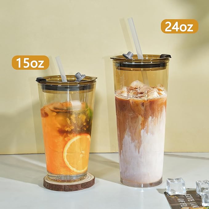 24oz 2 Pcs Glass Cups with Lids and Straws Drinking Glasses Tumbler Leak Proof Iced Coffee Cup Glass for Gift Cold Drink Smoothie Boba Tea(Amber*2)
