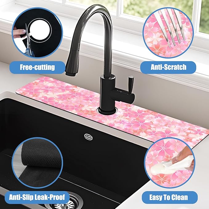 Sink Faucet Absorbing Mat Cherry Spring Flower Sink Splash Guard Drying Mat for Kitchen Bathroom Faucet Sinkmat 23.5"X5.5"