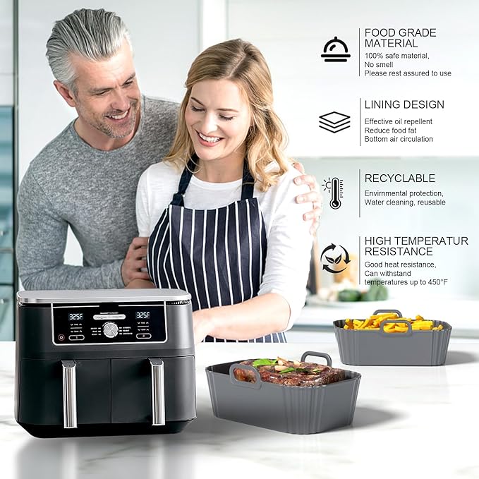 Silicone Air Fryer Liners 2 Pack, Reusable Compatible for Ninja Foodi DZ201, DZ401, DZ550, COSORI, Chefman, Instant, and 6-in-1 8-10QT Baskets