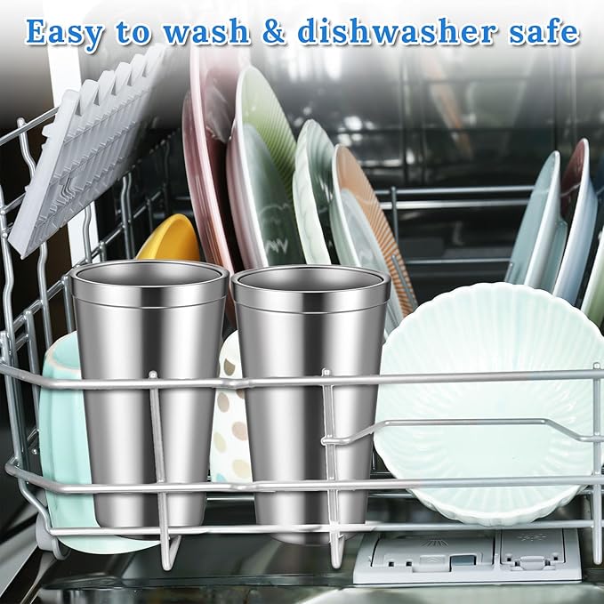 JJUNW 6 Pack Stainless Steel Cup 16 oz, Stackable Double Wall Vacuum Insulated Metal Drinking Glasses Reusable for Bbq Home Office Party Coffee