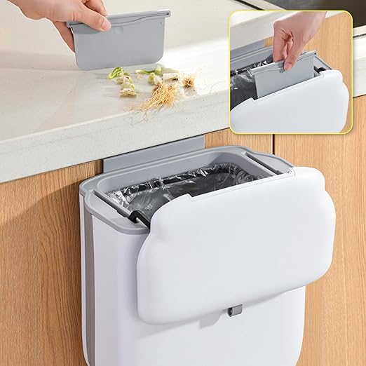 Soddeph 3.2 Gallon Collapsible Trash Bin with Lid for Hanging, Kitchen Waste Bin, Wall-Mounted Plastic Garbage Can for Counter, Under Sink, RV (Beige with lid)