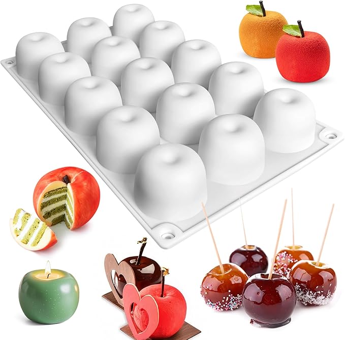 Apple Silicone Mold, 15-Cavity Shape Mousse Cake Molds, 3D Fruit Ice Cream Candy Molds, Non-Stick Sphere Silicone Molds for Chocolate French Fruit Cake Decoration