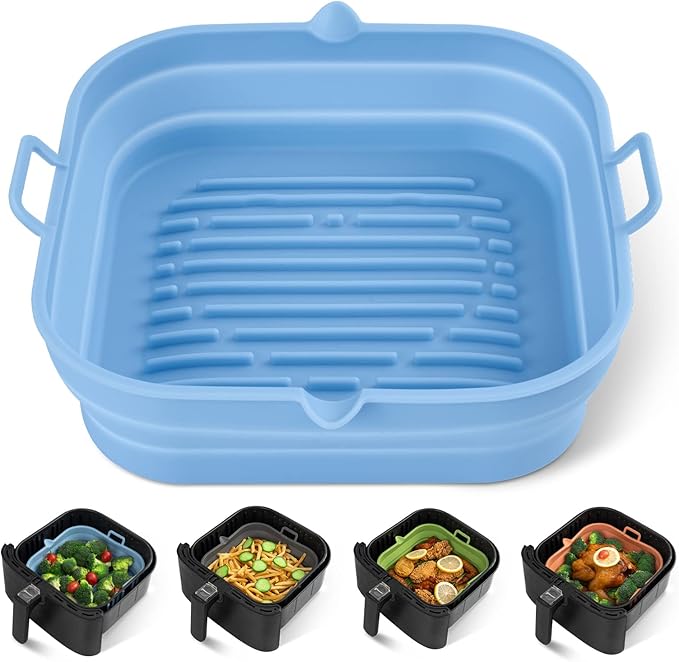 Silicone Air Fryer Liners Square - Reusable Airfryer Collapsible Basket - Easy to Clean Air Fryers Pot for 5.8 to 8 Qt Baking Tray Oven Accessories, 8.5 Inch Large