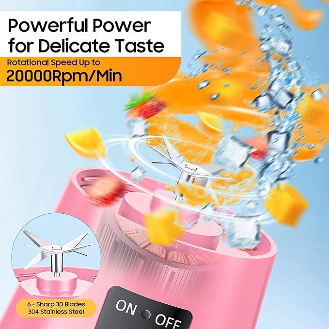 Portable Blender for Smoothies & Shakes - Cordless Personal Size Blender with 6 Blades, 380Ml Juice Cup, Lightweight & Rechargeable, Freshly Squeezed for Picnic/Sports/Office