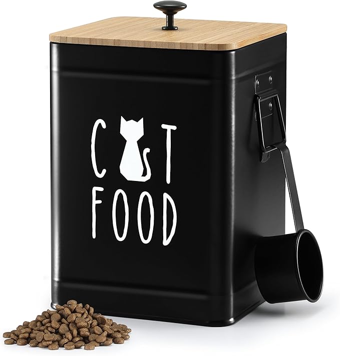 PERFNIQUE Cat Food Storage Container, Airtight Cat Treat Container with Bamboo Lid, 25 Cup Pet Food Storage for Kitchen Countertop, Treat Jars for Pets, Cat Food Container (Black, with Spoon)