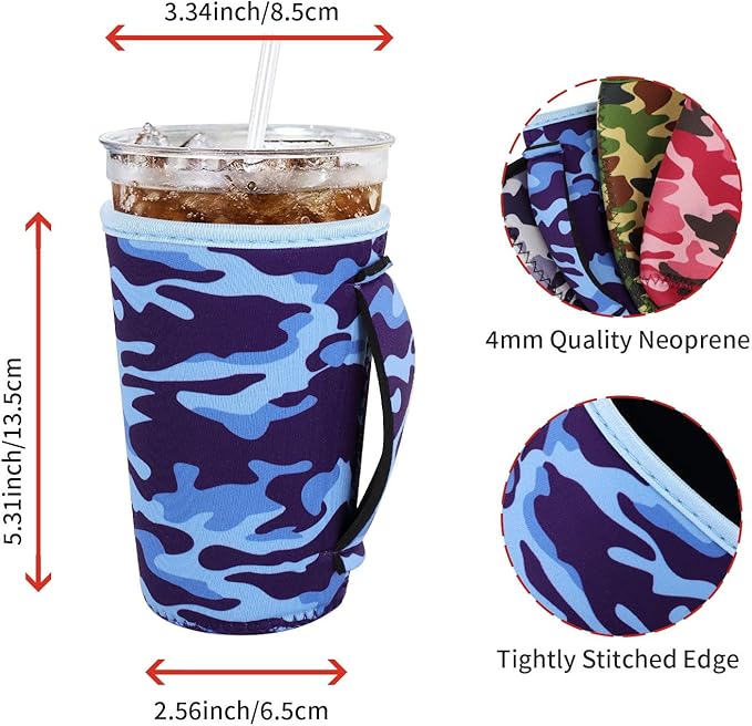 4Pack Reusable Iced Coffee Sleeve Insulator Sleeves for Cold Drinks Beverages, Neoprene Cup Holder for Most Coffee, Fits 22-24oz Medium Cups (Camo with Handle)