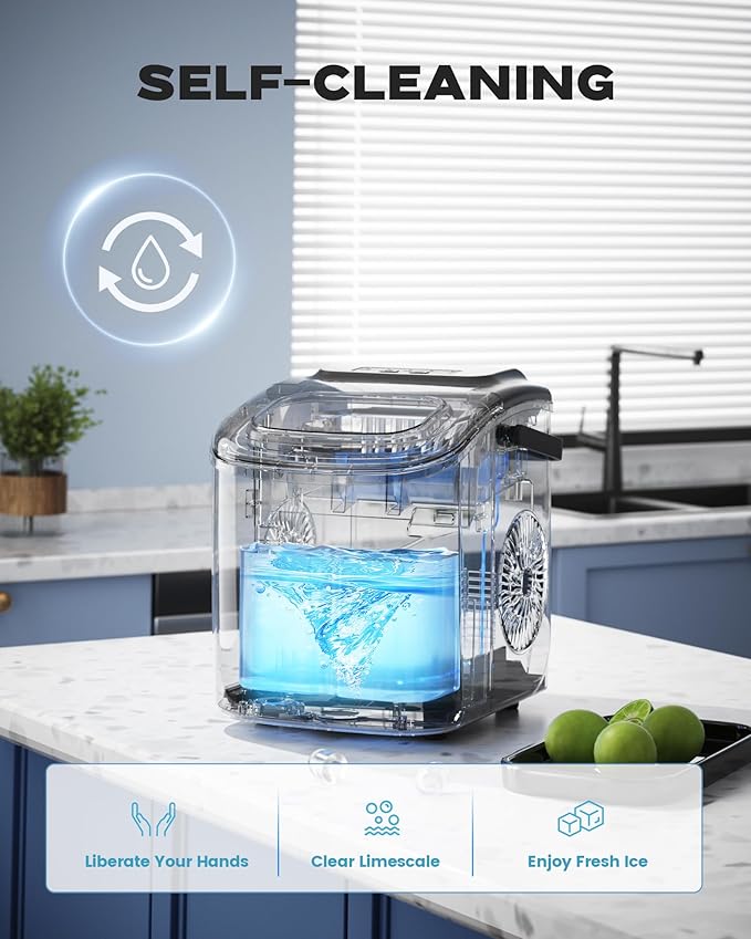 ecozy Ice Makers Countertop, Portable Ice Machine with Carry Handle, 26lbs in 24Hrs, 9 Ice Cubes Ready in 6 Mins, Auto-Cleaning Ice Maker with Basket and Scoop, for Home/Kitchen/Camping/RV