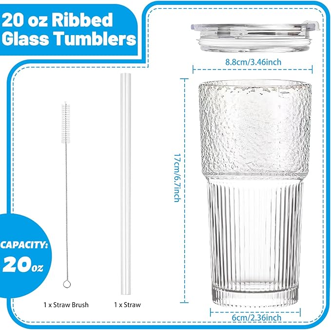 220 oz Glass Tumbler with Lid and Straw, 4 Pack Clear Ribbed Iced Coffee Cup, High Borosilicate Glass Tumbler, Reusable Vintage Glassware for Iced Coffee, Smoothies, Cocktails, and Juices (Pattern)