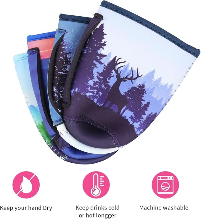 4Pack Reusable Iced Coffee Sleeve Insulator Sleeves for Cold Drinks Beverages, Neoprene Cup Holder for Most Coffee, Fits 22-24oz Medium Cups (Nature Landscape)
