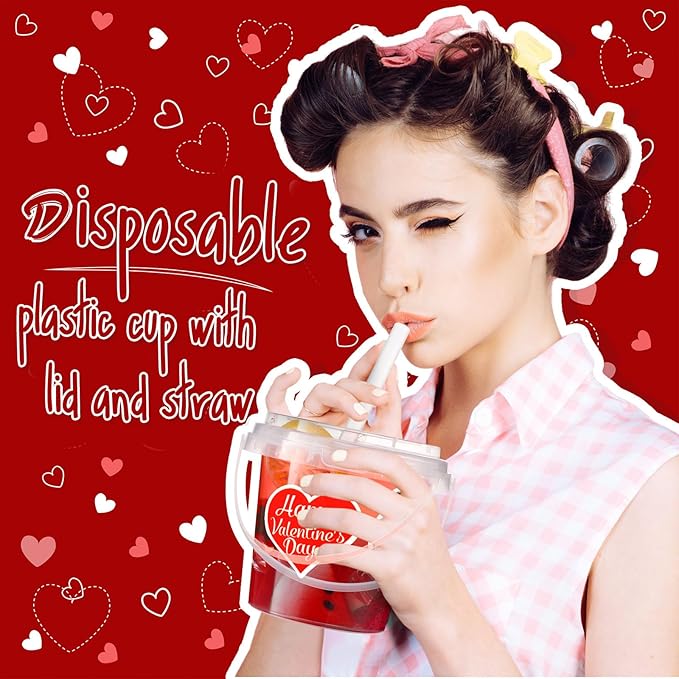 Funnymoom 30 Set Valentine's Day Clear Plastic Cups with Lids & Straws 24oz Disposable Rum Drink Buckets Bulk for Cocktail Parties with Handles & Stickers for Wedding Valentines Theme Party Supplies