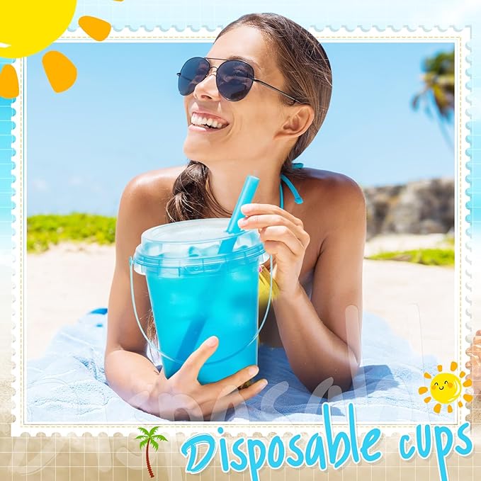 Funnymoom 100 Set 24oz Disposable Plastic Drink Buckets with Lids and Straws Pastel Iced Coffee Cups Rum Buckets for Cocktail Parties Smoothie Cup Bulk with Handles for Beach Pool Party Supplies