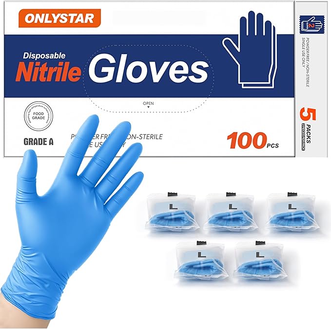 5-Mil Food Grade Disposable Nitrile Gloves Large, 100Pcs + 5 Bonus Travel Packs Blue Cooking Gloves, Latex & Powder Free, Touchscreen, Textured Grip for Cleaning, BBQ, Grill, Tattoo, Barber