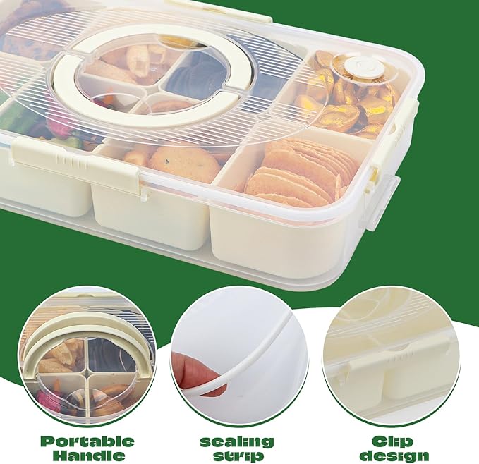 Snackle Box Container, Dishwasher and Microwave Safety Divided Serving Tray with Lid and Handle, Portable Snack Platters Clear Plastic Boxes for Fruits, Snacks and Candy（8 Compartments）