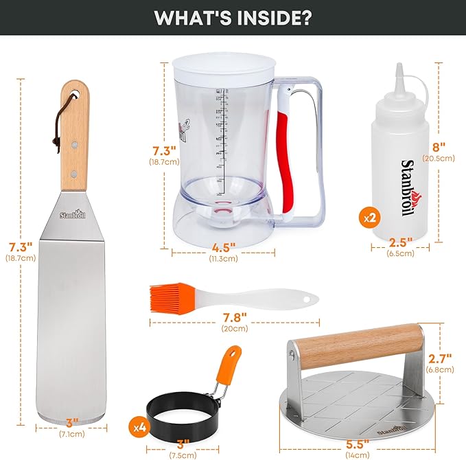 Stanbroil Griddle Accessories with Smashed Burger Press, 10PCS Griddle Kit Set, Pancake Batter Dispenser, Stainless Steel Bacon Press & Scraper, Basting Brush, 4 Egg Rings & 2 Oil Bottle