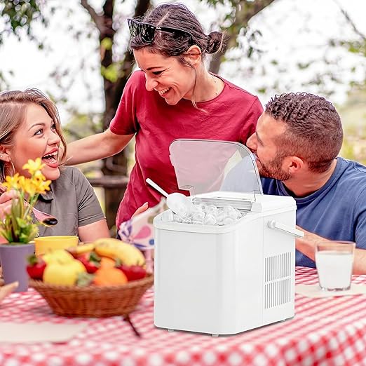 Ice Makers Countertop, Portable Ice Machine with Handle, 6 Mins 9 Bullet Ice Cubes with Basket and Scoop, 26lbs in 24Hrs, Auto-Cleaning, for Home, Kitchen, RV, Camping, White