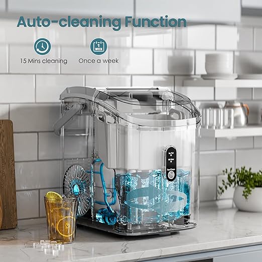 Antarctic Star Nugget Ice Maker Countertop, Chewable Pellet Ice Machine with Self Cleaning Function, Pebble Portable Ice Maker with Ice Scoop for Home Kitchen Office (Grey)