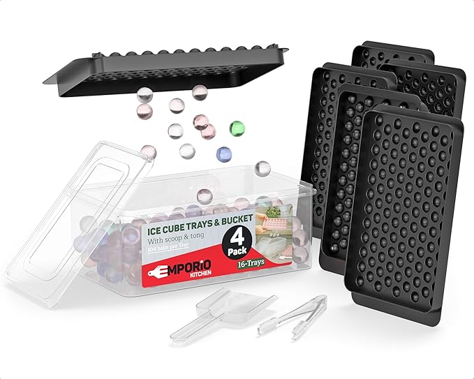 Emporio Kitchen Round Ice Cube Tray Set Pack of 4, BPA-Free Stackable Trays with Lid & Tongs, 104 Ice Balls Per Tray for Whiskey, Drinks, and Cocktails, Quick Release Round Ice Cube Mold, Black